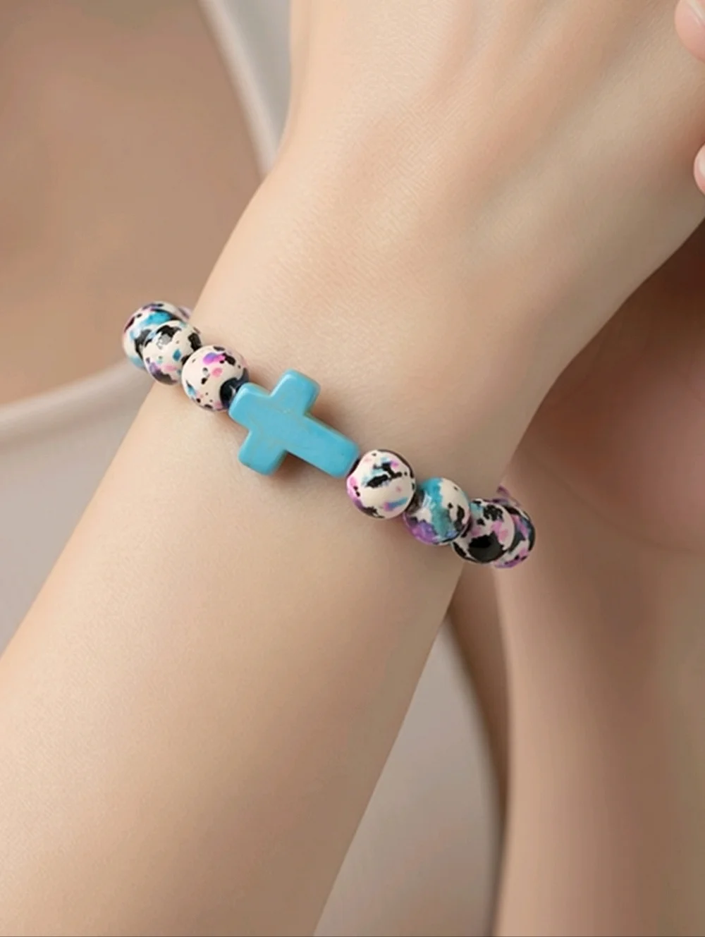 Paint Splatter Cross Beaded Bracelet Stretch Faith Stack Y2K Christian Jewelry